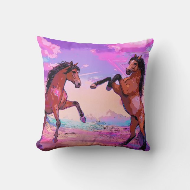 Playful Hello - Two Stallions Greeting Each Other Cushion (Front)