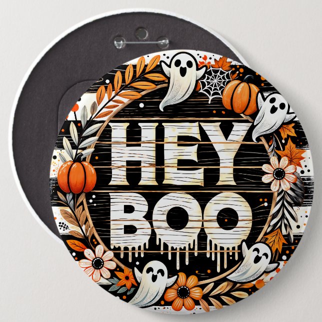 Playful 'Hey Boo' Halloween Pin - Ghosts, Pumpkins (Front & Back)