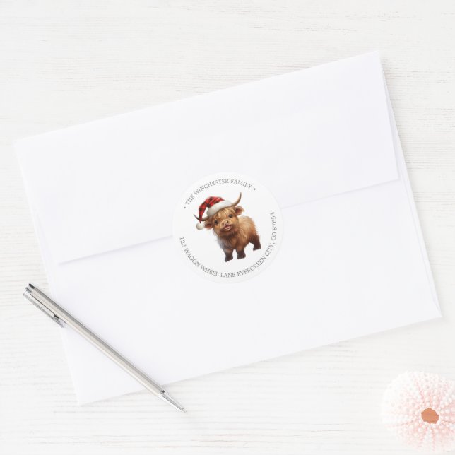 Playful Highland Cow Return Address Classic Round Sticker (Envelope)
