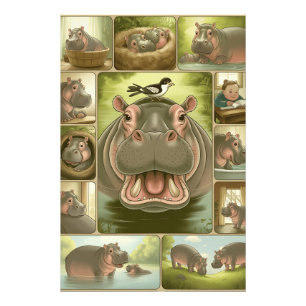 Playful Hippo & Bird Art Print – 13 Illustrated 