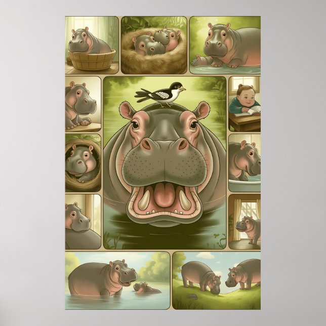 Playful Hippo & Bird Art Print – 13 Illustrated  (Front)
