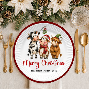 Playful Holiday whimsical cow watercolor christmas Paper Plate