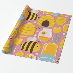 Playful Honeybee and Hive Pattern Wrapping Paper