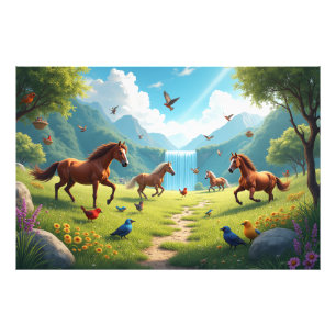 Playful Horses and Birds in Lush Meadow Photo Print