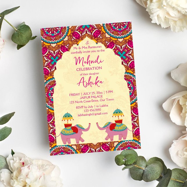 Playful Indian wedding elephants pink mehndi  Invitation (Creator Uploaded)