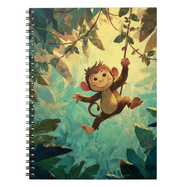 Playful Jungle Monkey Swinging Illustration Notebook (Front)