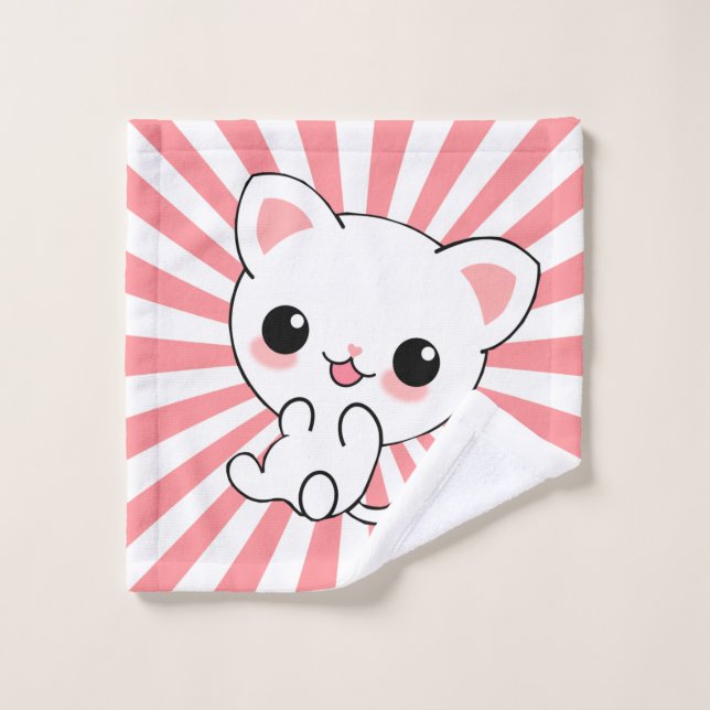 Playful Kawaii White Kitten Custom Bath Towel Set (Wash Cloth)