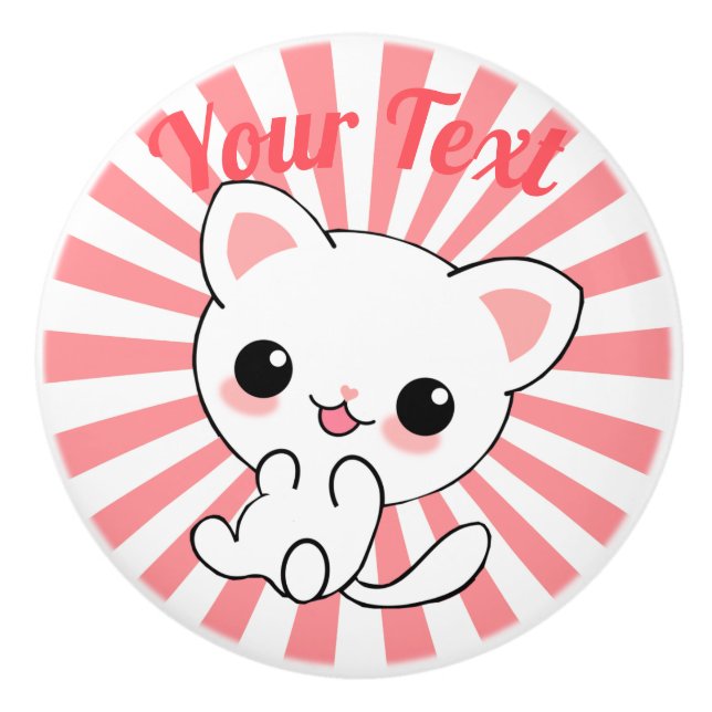 Playful Kawaii White Kitten Custom Ceramic Knob (Front)