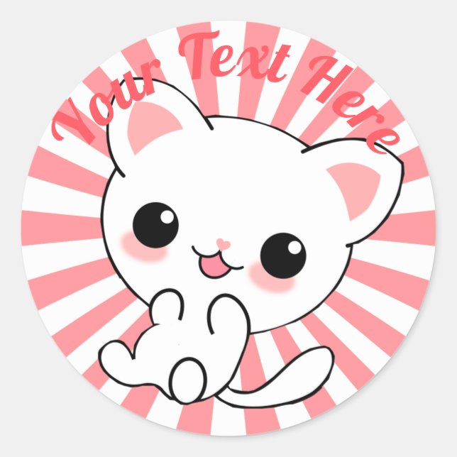 Playful Kawaii White Kitten Custom Classic Round Sticker (Front)