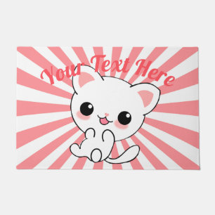 Playful Kawaii White Kitten Custom Doormat