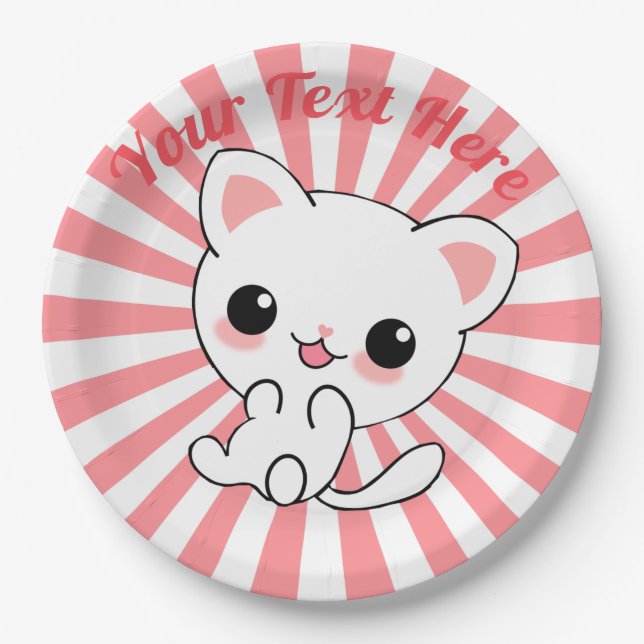 Playful Kawaii White Kitten Custom Paper Plate (Front)