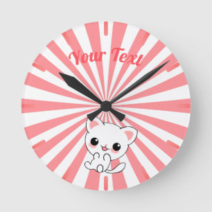 Playful Kawaii White Kitten Custom Round Clock