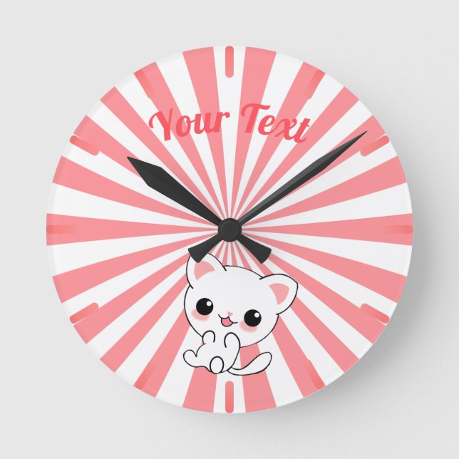Playful Kawaii White Kitten Custom Round Clock (Front)