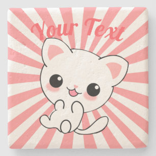 Playful Kawaii White Kitten Custom Stone Coaster