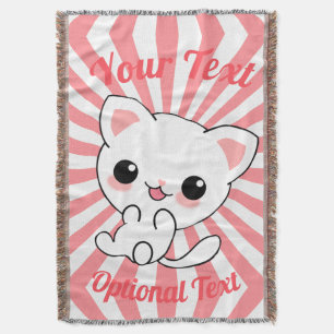 Playful Kawaii White Kitten Custom Throw Blanket