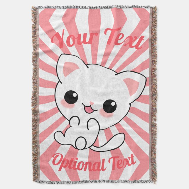 Playful Kawaii White Kitten Custom Throw Blanket (Front Vertical)