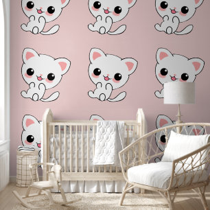 Playful Kawaii White Kitten on Pink Wallpaper