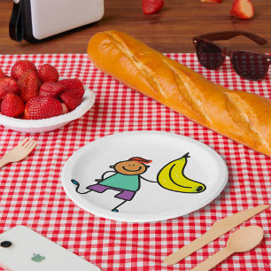 Playful Kid Holding Big Yellow Banana Paper Plate