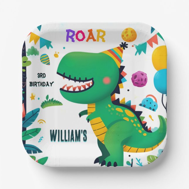 playful kids cute boys T three 3 rex 3rd birthday Paper Plate (Front)