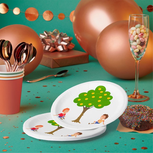 Playful Kids Sitting Under an Apple Tree Paper Plate (Creator Uploaded)