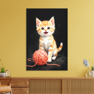 Playful Kitten Cat with Yarn Watercolor Print