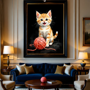 Playful Kitten Cat with Yarn Watercolor Print