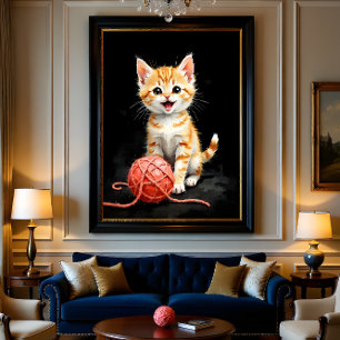Playful Kitten Cat with Yarn Watercolor Print
