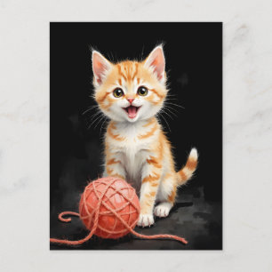 Playful Kitten Cat with Yarn Watercolor Print Holiday Postcard