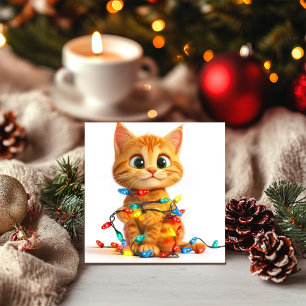 Playful Kitten in Christmas Lights Holiday Card