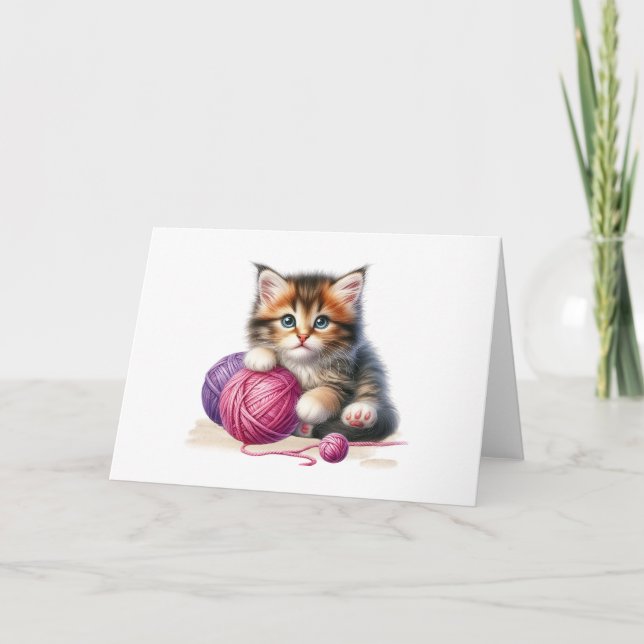 Playful Kitten Purple Pink Yarn Blank Greeting Card (Front)