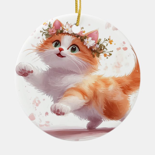 Playful Kitten with Daisy Flower Crown Ceramic Tree Decoration (Front)