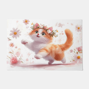 Playful Kitten with Daisy Flower Crown Doormat