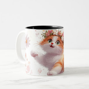 Playful Kitten with Daisy Flower Crown Two-Tone Coffee Mug