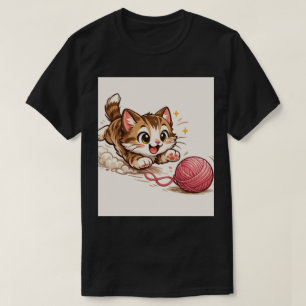 Playful Kitten & Yarn Ball Cartoon T-Shirt
