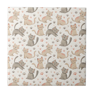 Playful Kittens and Paw Prints - Kids Cat Pattern Tile