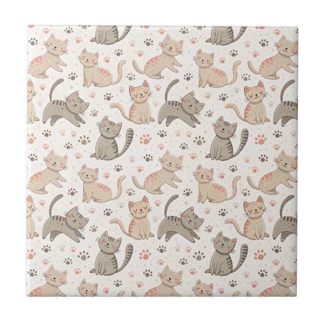 Playful Kittens and Paw Prints - Kids Cat Pattern Tile (Front)