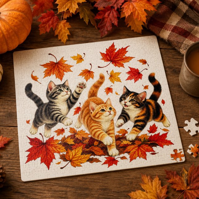 Playful Kittens Chasing Autumn Leaves Jigsaw Puzzle (Creator Uploaded)