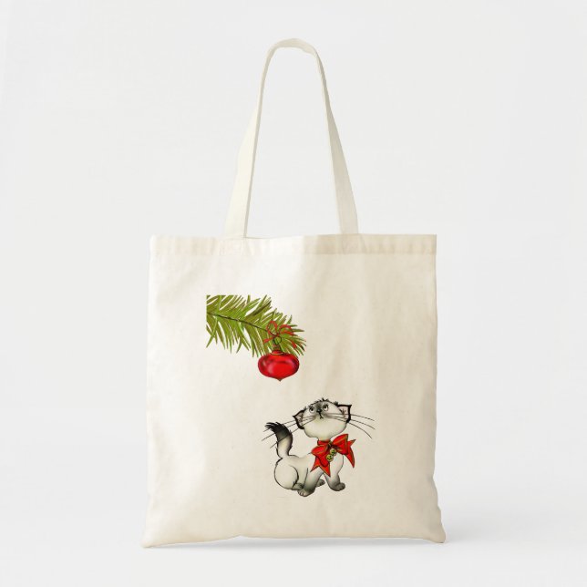 Playful Kitty Cat In A Red Christmas Bow Tote Bag (Front)