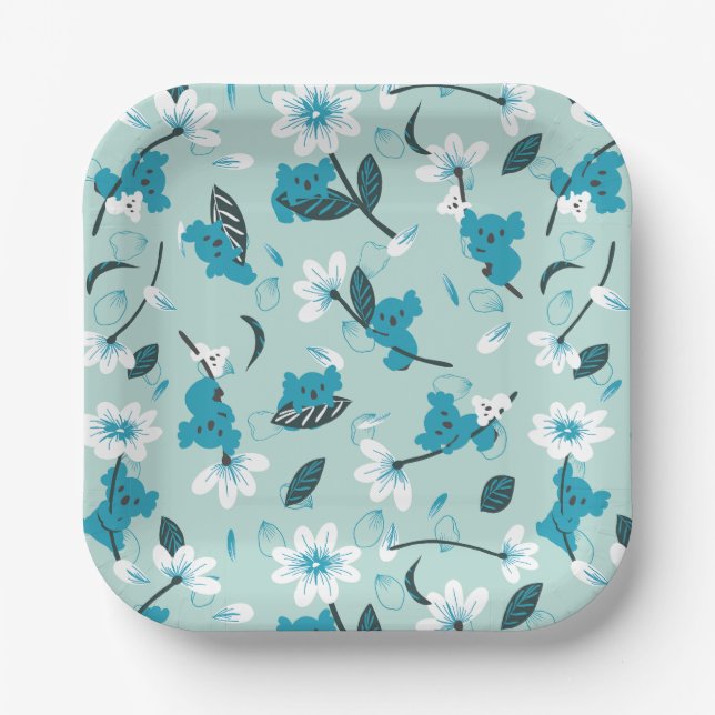 Playful Koala Pattern Cute Animal and Nature Art Paper Plate (Front)