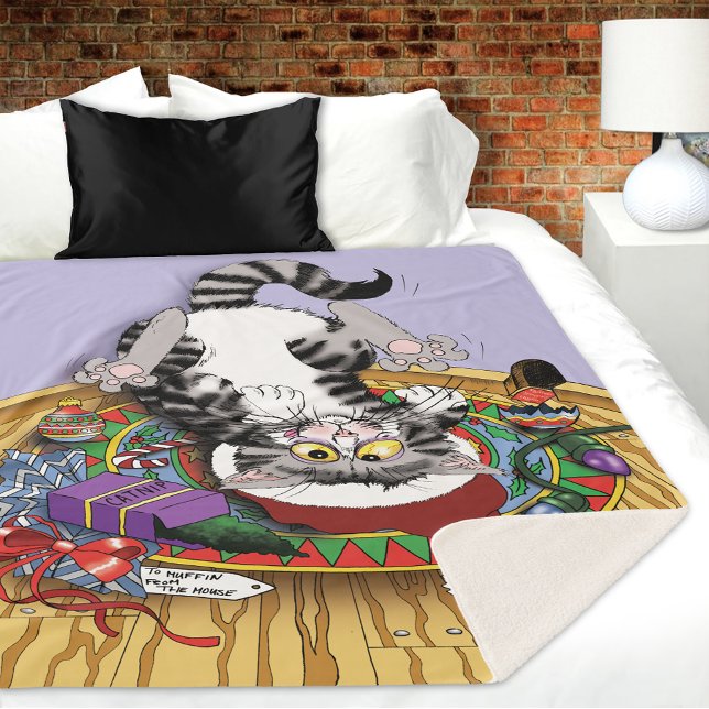 Playful Lavender Catnip Christmas Cat Funny Sherpa Blanket (Creator Uploaded)