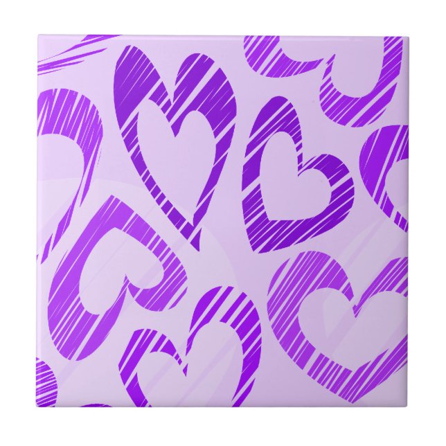 Playful Lavender Purple Cute Sketch Heart Pattern Tile (Front)