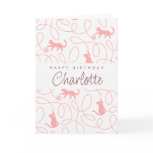 Playful Light Coral Pink Cat Pattern Birthday
