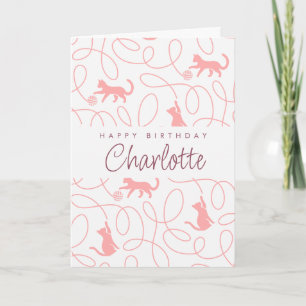 Playful Light Coral Pink Cat Pattern Birthday Card