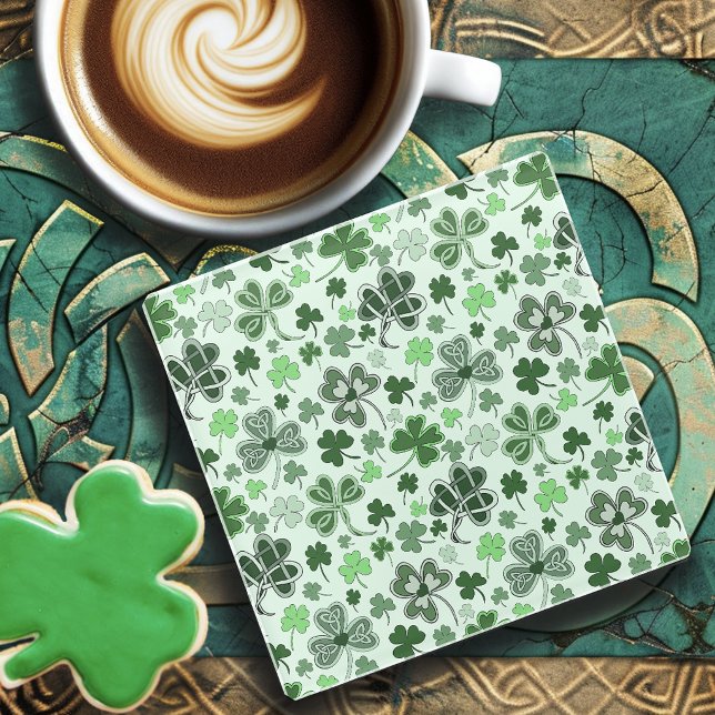 Playful Light Green Shamrock Hearts Pattern Celtic Glass Coaster (Creator Uploaded)