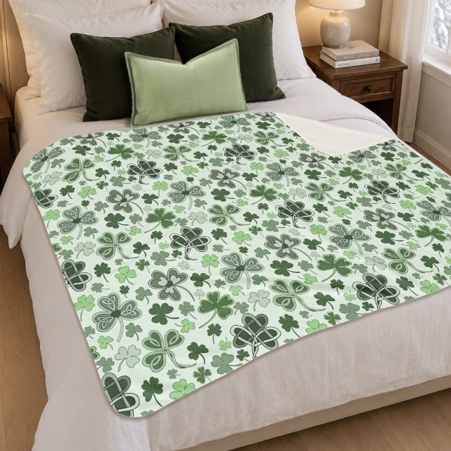Playful Light Green Shamrock Hearts Pattern Celtic Sherpa Blanket (Creator Uploaded)