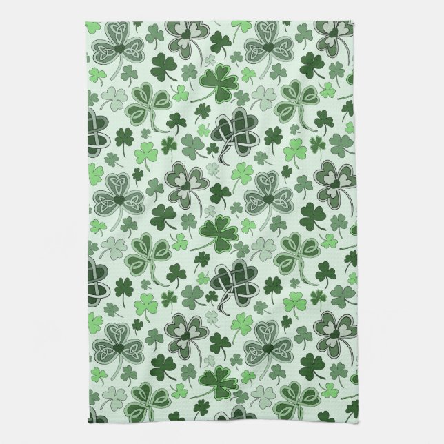Playful Light Green Shamrock Hearts Pattern Celtic Tea Towel (Vertical)