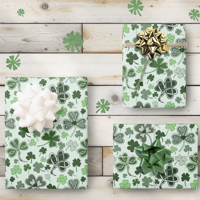 Playful Light Green Shamrock Hearts Pattern Celtic Wrapping Paper Sheet (Creator Uploaded)