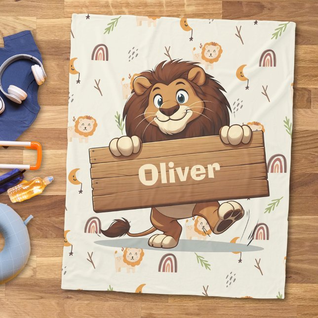 Playful Lion with Wooden Name Plate Fleece Blanket (Creator Uploaded)
