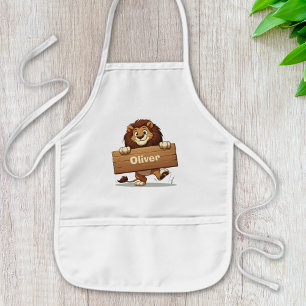 Playful Lion with Wooden Name Plate Kids Apron