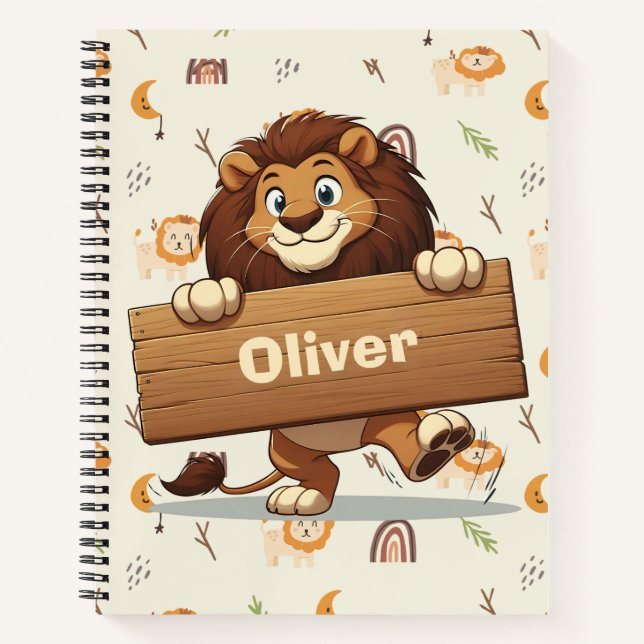 Playful Lion with Wooden Name Plate Notebook (Front)